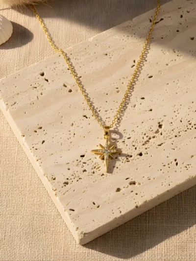 Starlume North Star gold tone pendant necklace with crystal detailing – elegant fashion jewellery by Elanàm