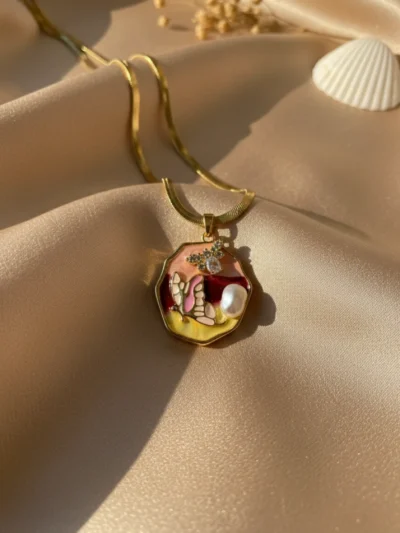 Ethereal garden butterfly enamel pendant necklace with pearl accent – artistic fashion jewellery by Elanàm