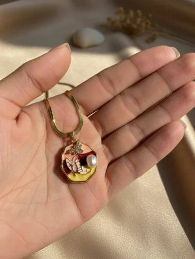 Ethereal garden butterfly enamel pendant necklace with pearl accent – artistic fashion jewellery by Elanàm